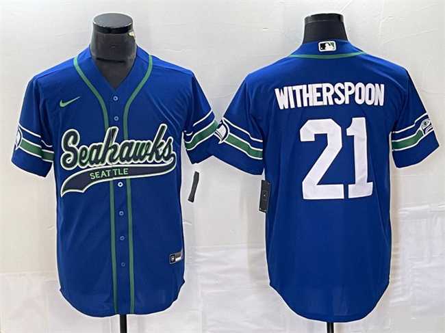 Men%27s Seattle Seahawks #21 Devon Witherspoon Royal Throwback Cool Base Stitched Baseball Jersey